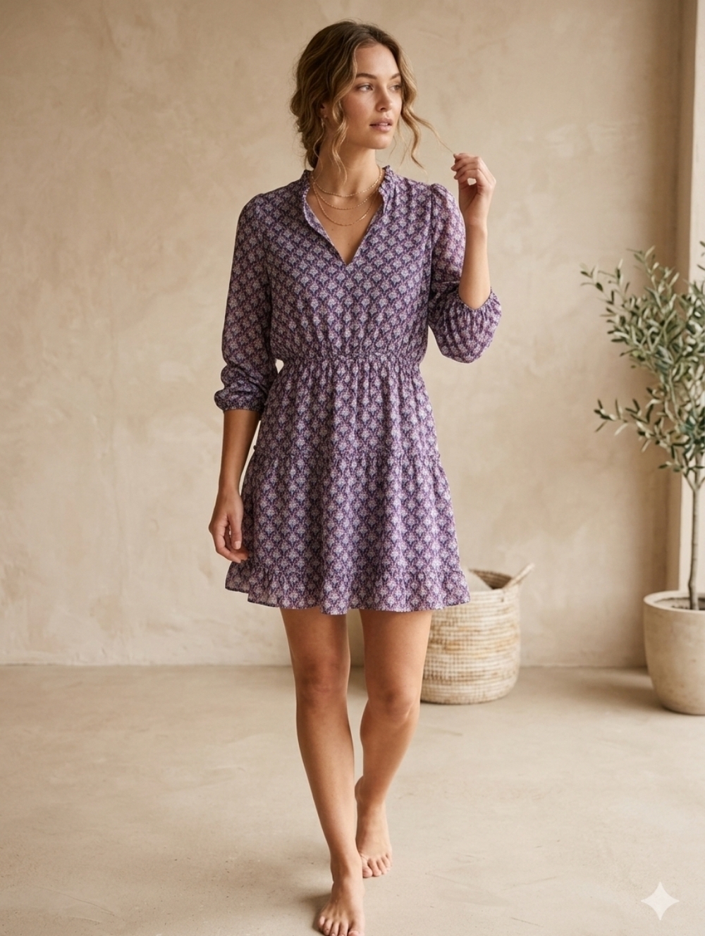 O.P.T BOHO PRINT MINI DRESS XS PURPLE BLUE LONG SLEEVE FLOWY SMOCKED WAIST